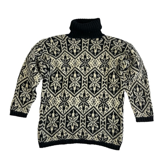 Vtg 90s Gap Wool Chunky Turtleneck Sweater Snowflake Nordic Ski Black White Sz S - Picture 3 of 4